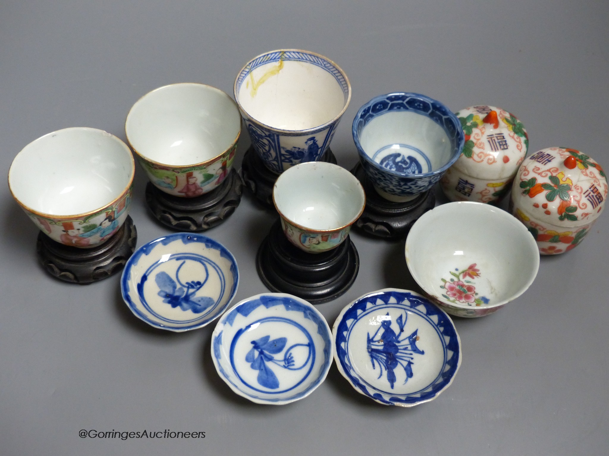 A group of Chinese porcelain tableware including teabowls and three dishes